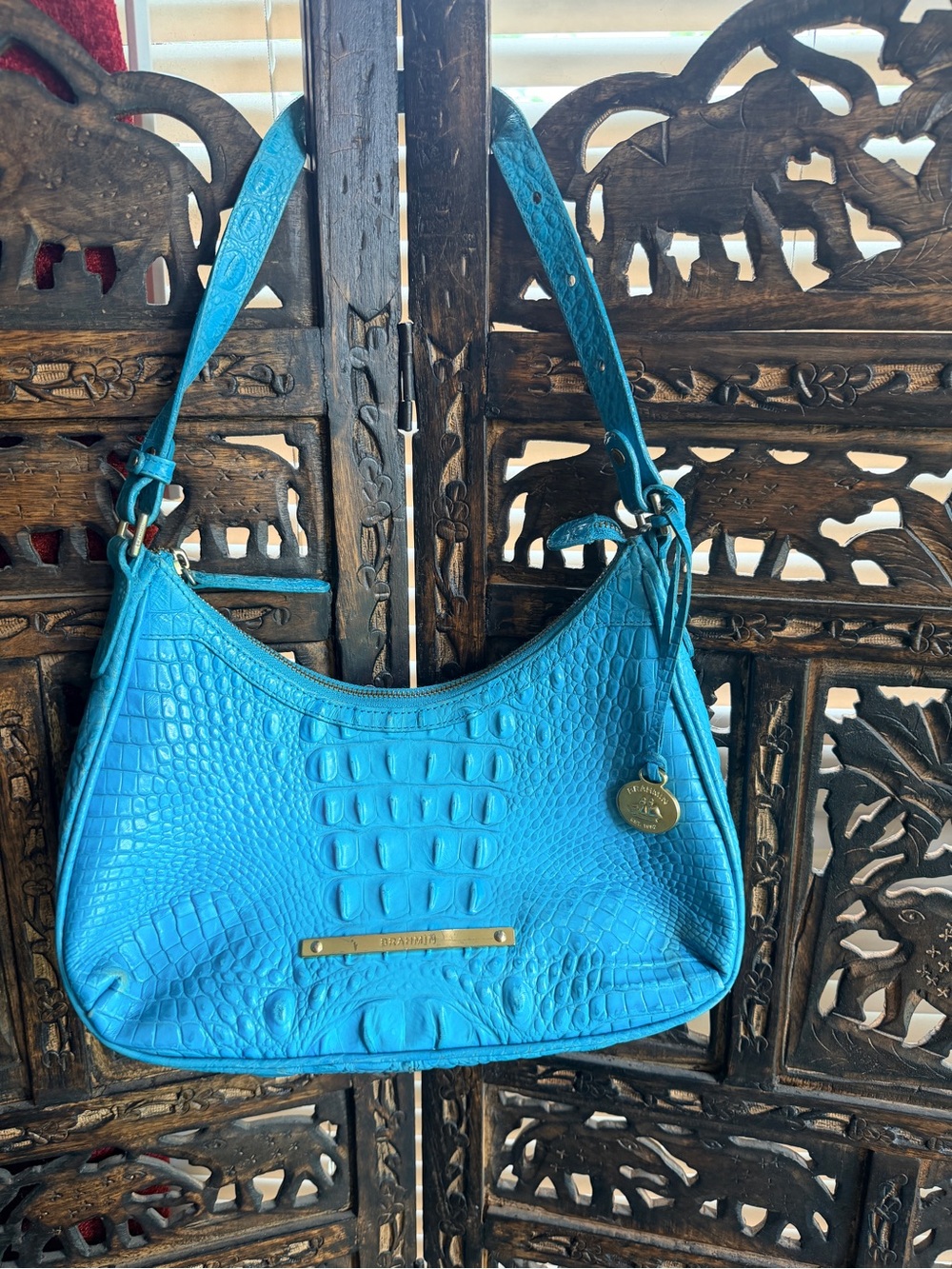 Brahmin Turquoise Croc-Embossed Shoulder Bag